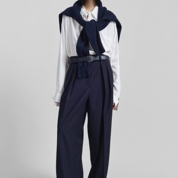 The Frankie Shop Tansy Pleated Trousers - Navy Pinstripe - Oversized Minimalist Pants in Multicolour - Shop at Coveti