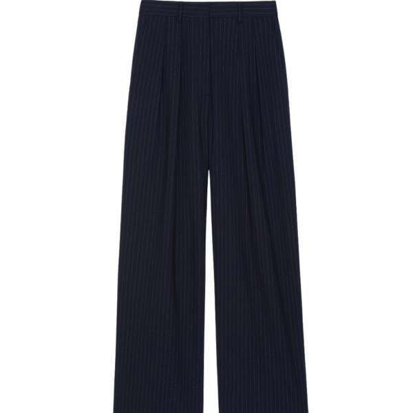 The Frankie Shop Tansy Pleated Trousers - Navy Pinstripe - Oversized Minimalist Pants in Multicolour - Shop at Coveti