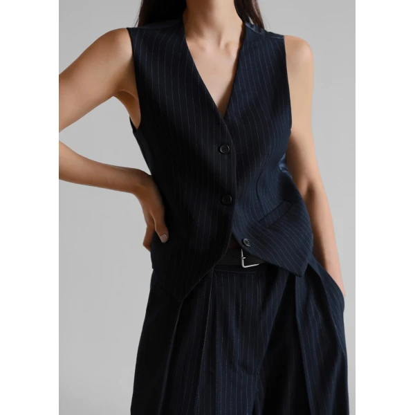 The Frankie Shop Tansy Tailored Vest - Navy Pinstripe - Oversized Minimalist Jackets in Multicolour - Shop at Coveti