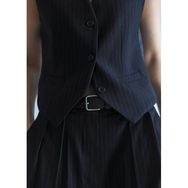The Frankie Shop Tansy Tailored Vest - Navy Pinstripe - Oversized Minimalist Jackets in Multicolour - Shop at Coveti