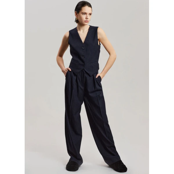 The Frankie Shop Tansy Tailored Vest - Navy Pinstripe - Oversized Minimalist Jackets in Multicolour - Shop at Coveti