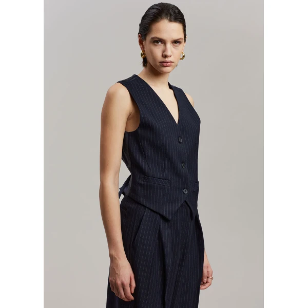 The Frankie Shop Tansy Tailored Vest - Navy Pinstripe - Oversized Minimalist Jackets in Multicolour - Shop at Coveti