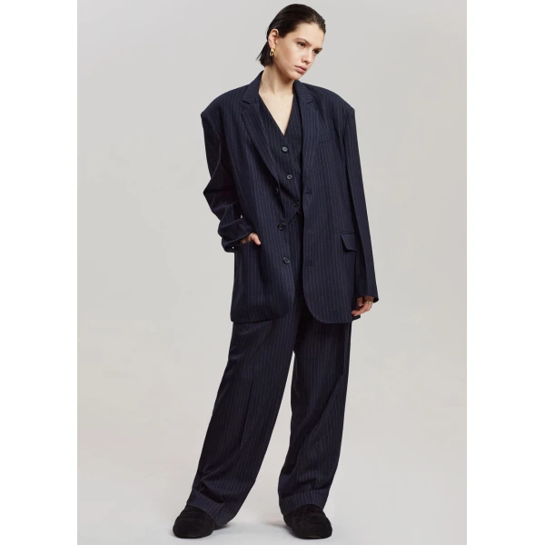 The Frankie Shop Tansy Tailored Vest - Navy Pinstripe - Oversized Minimalist Jackets in Multicolour - Shop at Coveti