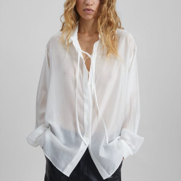 The Frankie Shop Tarra Tie-Front Sheer Shirt - White - Oversized Minimalist Tops in White - Shop at Coveti