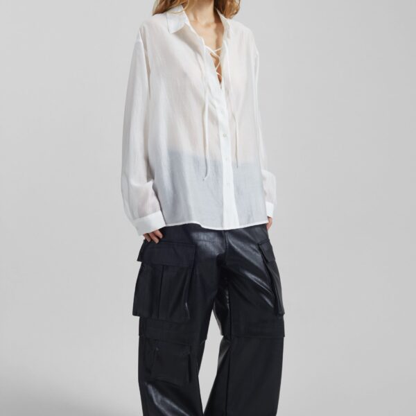 The Frankie Shop Tarra Tie-Front Sheer Shirt - White - Oversized Minimalist Tops in White - Shop at Coveti