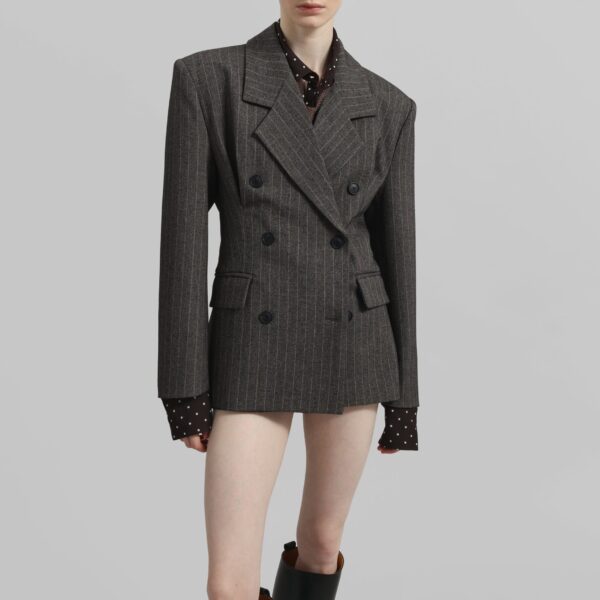 The Frankie Shop Tenby Striped Cinched Blazer - Brown Melange - Oversized Minimalist Jackets in Beige - Shop at Coveti