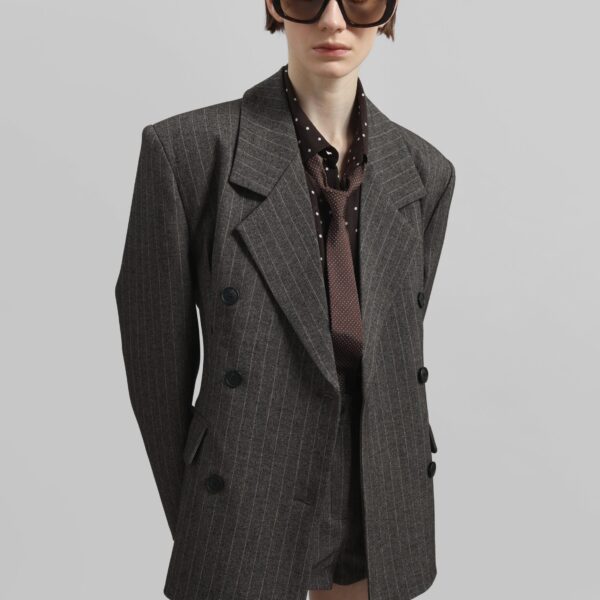 The Frankie Shop Tenby Striped Cinched Blazer - Brown Melange - Oversized Minimalist Jackets in Beige - Shop at Coveti