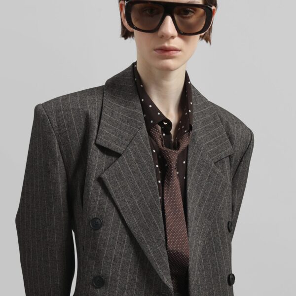 The Frankie Shop Tenby Striped Cinched Blazer - Brown Melange - Oversized Minimalist Jackets in Beige - Shop at Coveti
