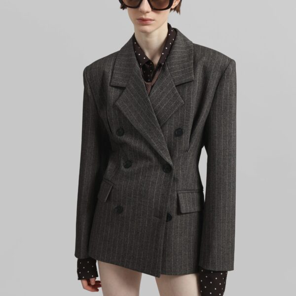 The Frankie Shop Tenby Striped Cinched Blazer - Brown Melange - Oversized Minimalist Jackets in Beige - Shop at Coveti
