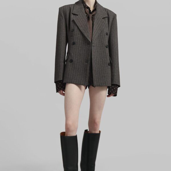 The Frankie Shop Tenby Striped Cinched Blazer - Brown Melange - Oversized Minimalist Jackets in Beige - Shop at Coveti
