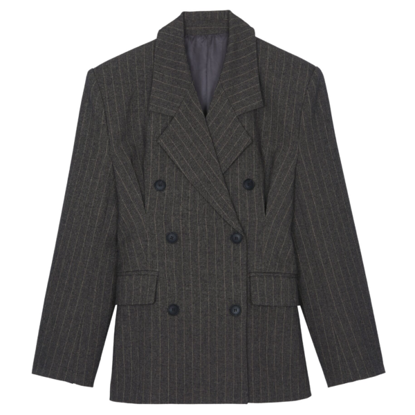 The Frankie Shop Tenby Striped Cinched Blazer - Brown Melange - Oversized Minimalist Jackets in Beige - Shop at Coveti