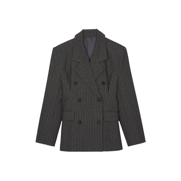 The Frankie Shop Tenby Striped Cinched Blazer - Brown Melange - Oversized Minimalist Jackets in Beige - Shop at Coveti