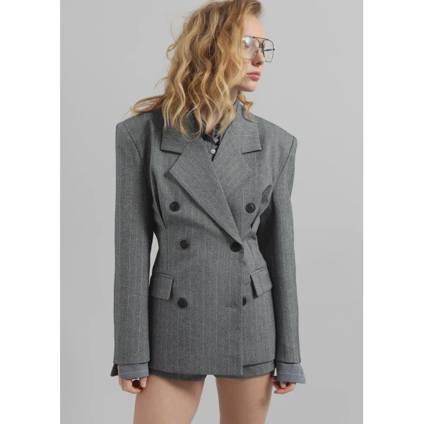 The Frankie Shop Tenby Striped Cinched Blazer – Grey Melange, view 6