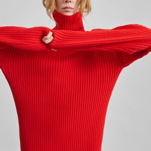The Frankie Shop Thelma Ribbed Sweater Dress - Red - Oversized Minimalist Knitwear in Red - Shop at Coveti