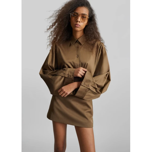 The Frankie Shop Tila Satin Wide Sleeve Shirt – Brown, view 2