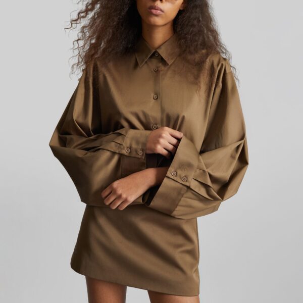 The Frankie Shop Tila Satin Wide Sleeve Shirt - Brown - Oversized Minimalist Tops in Beige - Shop at Coveti