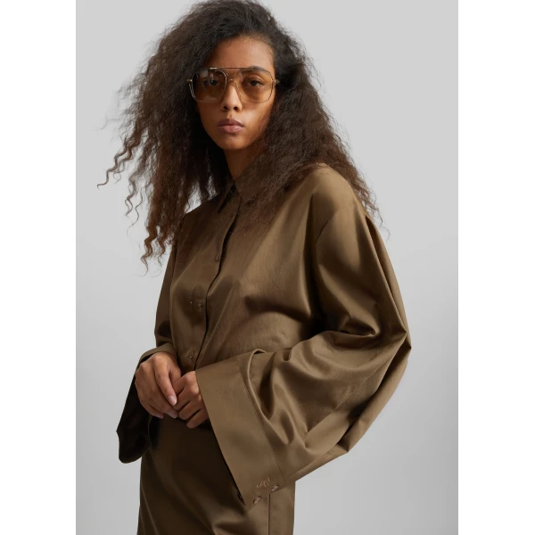 The Frankie Shop Tila Satin Wide Sleeve Shirt – Brown, view 4