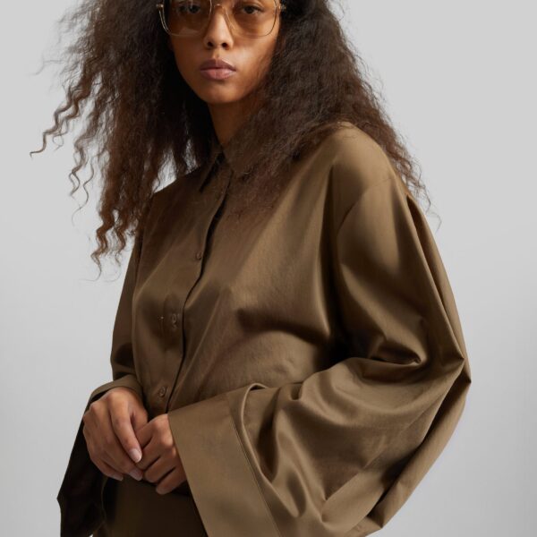 The Frankie Shop Tila Satin Wide Sleeve Shirt - Brown - Oversized Minimalist Tops in Beige - Shop at Coveti