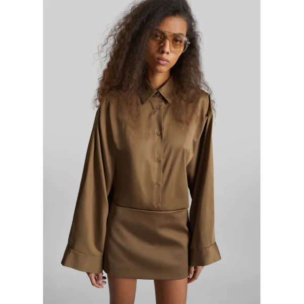 The Frankie Shop Tila Satin Wide Sleeve Shirt – Brown, view 5