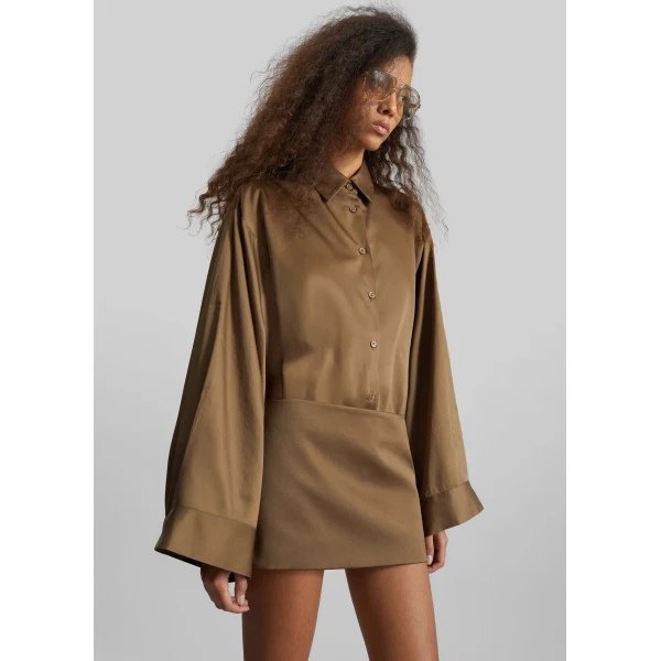 The Frankie Shop Tila Satin Wide Sleeve Shirt – Brown, view 6