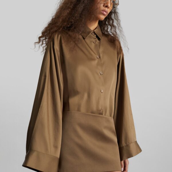 The Frankie Shop Tila Satin Wide Sleeve Shirt - Brown - Oversized Minimalist Tops in Beige - Shop at Coveti
