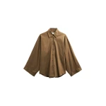 The Frankie Shop Tila Satin Wide Sleeve Shirt - Brown - Oversized Minimalist Tops in Beige - Shop at Coveti