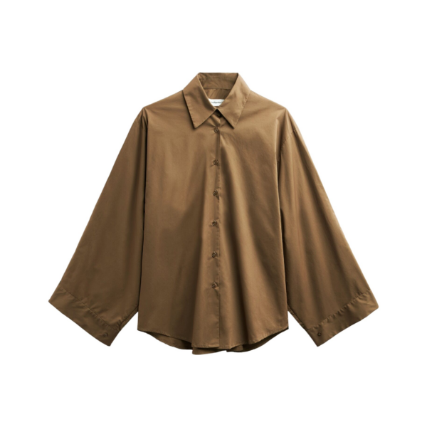 The Frankie Shop Tila Satin Wide Sleeve Shirt - Brown - Oversized Minimalist Tops in Beige - Shop at Coveti