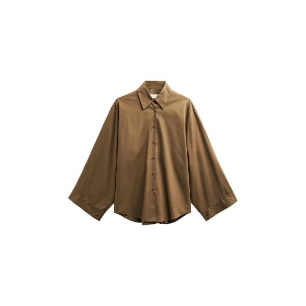 The Frankie Shop Tila Satin Wide Sleeve Shirt - Brown - Oversized Minimalist Tops in Beige - Shop at Coveti
