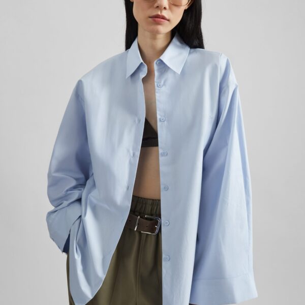 The Frankie Shop Tila Wide Sleeve Shirt - Light Blue - Oversized Minimalist Tops in Blue - Shop at Coveti