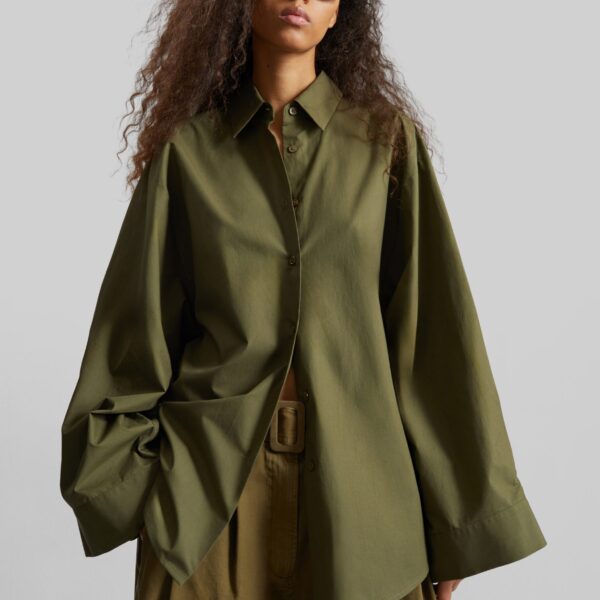 The Frankie Shop Tila Wide Sleeve Shirt - Olive - Oversized Minimalist Tops in Green - Shop at Coveti