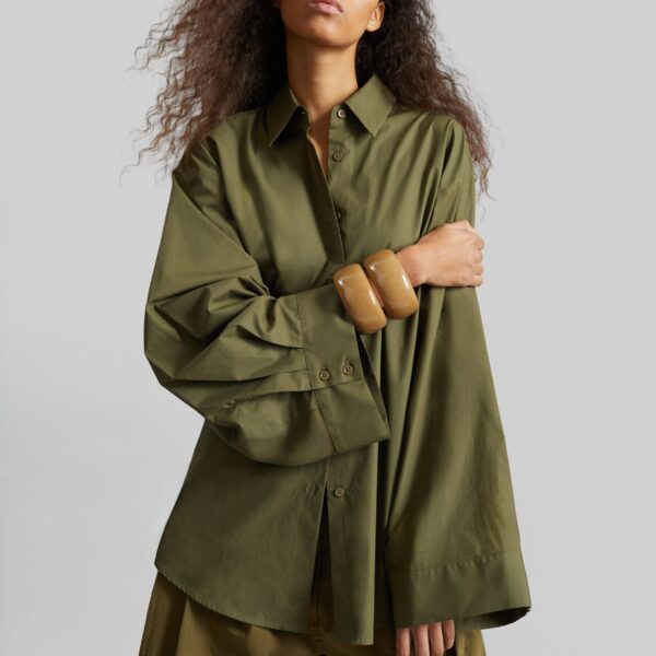 The Frankie Shop Tila Wide Sleeve Shirt - Olive - Oversized Minimalist Tops in Green - Shop at Coveti
