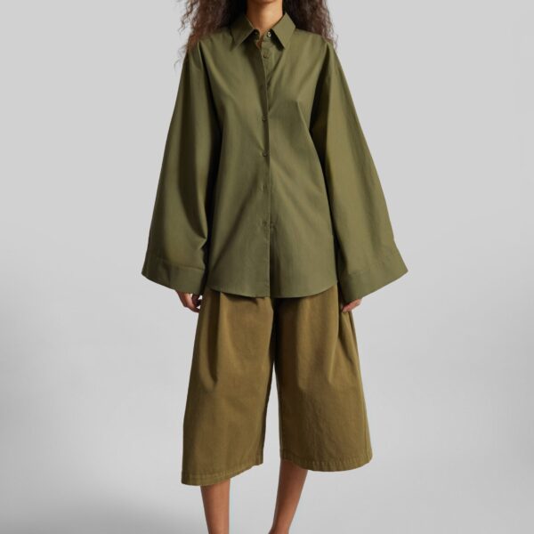 The Frankie Shop Tila Wide Sleeve Shirt - Olive - Oversized Minimalist Tops in Green - Shop at Coveti
