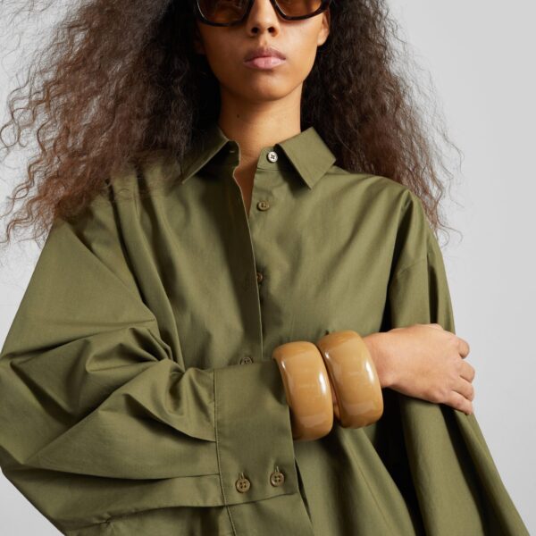 The Frankie Shop Tila Wide Sleeve Shirt - Olive - Oversized Minimalist Tops in Green - Shop at Coveti