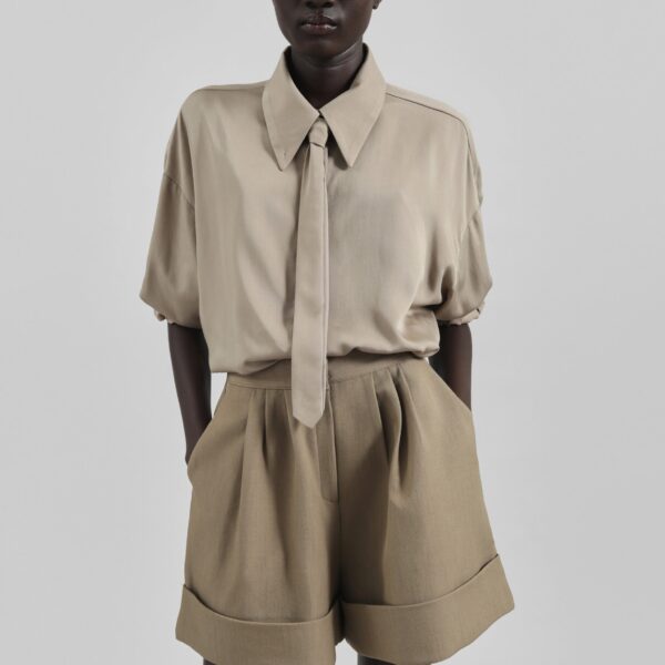 The Frankie Shop Tolmer Cuffed Shorts - Taupe Melange - Oversized Minimalist Shorts in Beige - Shop at Coveti