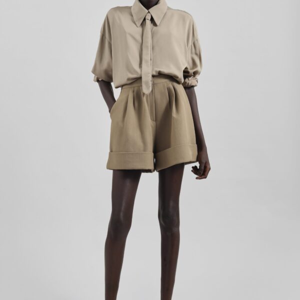 The Frankie Shop Tolmer Cuffed Shorts - Taupe Melange - Oversized Minimalist Shorts in Beige - Shop at Coveti