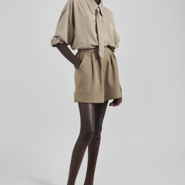 The Frankie Shop Tolmer Cuffed Shorts - Taupe Melange - Oversized Minimalist Shorts in Beige - Shop at Coveti
