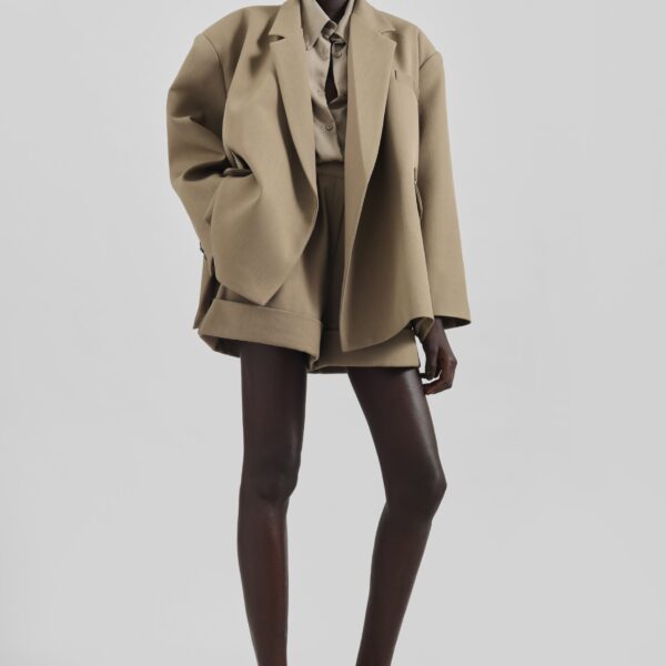 The Frankie Shop Tolmer Cuffed Shorts - Taupe Melange - Oversized Minimalist Shorts in Beige - Shop at Coveti