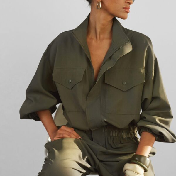 The Frankie Shop Tropez Jumpsuit - Khaki - Oversized Minimalist Jumpsuit in Green - Shop at Coveti