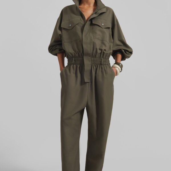 The Frankie Shop Tropez Jumpsuit - Khaki - Oversized Minimalist Jumpsuit in Green - Shop at Coveti
