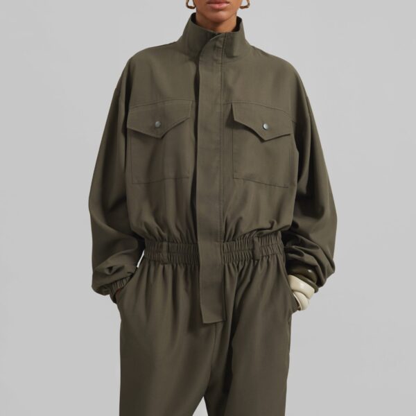 The Frankie Shop Tropez Jumpsuit - Khaki - Oversized Minimalist Jumpsuit in Green - Shop at Coveti