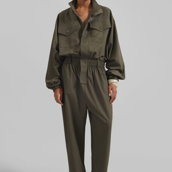 The Frankie Shop Tropez Jumpsuit - Khaki - Oversized Minimalist Jumpsuit in Green - Shop at Coveti