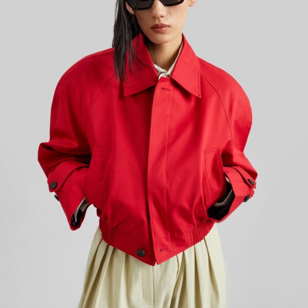 The Frankie Shop Turenne Curved Jacket - Red - Oversized Minimalist Jackets in Red - Shop at Coveti