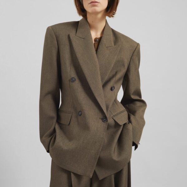 The Frankie Shop Vallsta Double-Breasted Blazer - Brown Melange - Oversized Minimalist Jackets in Beige - Shop at Coveti