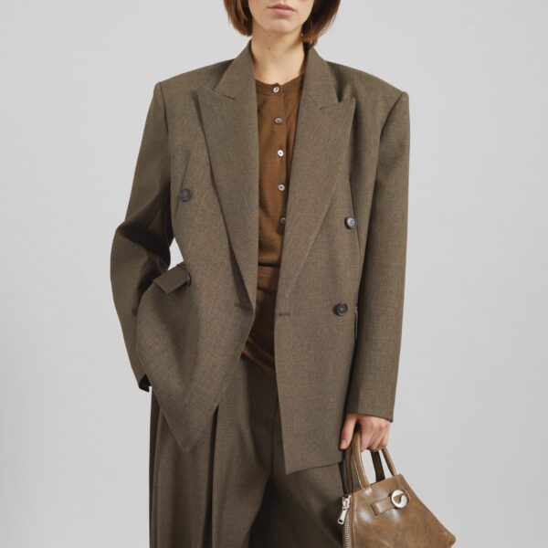 The Frankie Shop Vallsta Double-Breasted Blazer - Brown Melange - Oversized Minimalist Jackets in Beige - Shop at Coveti