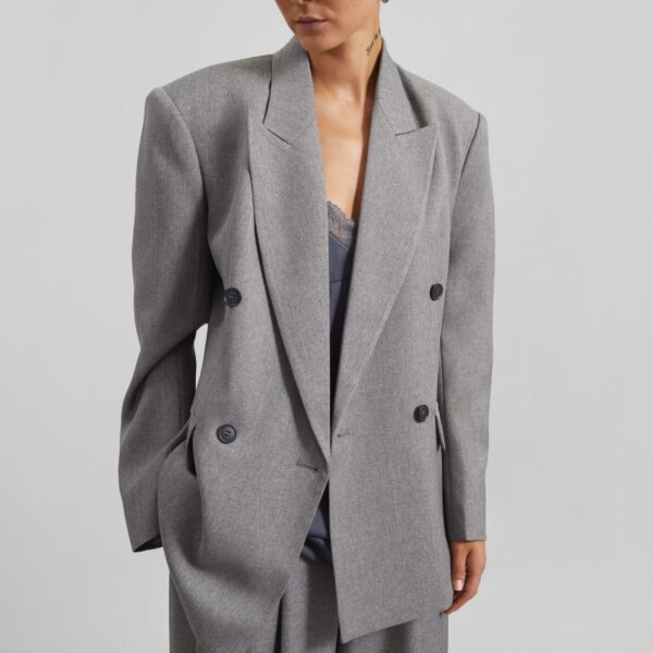 The Frankie Shop Vallsta Double-Breasted Blazer - Grey Melange - Oversized Minimalist Jackets in Grey - Shop at Coveti