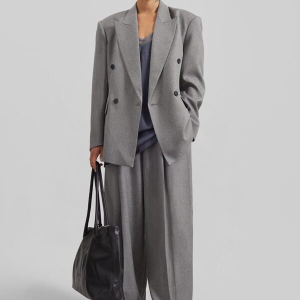 The Frankie Shop Vallsta Double-Breasted Blazer - Grey Melange - Oversized Minimalist Jackets in Grey - Shop at Coveti