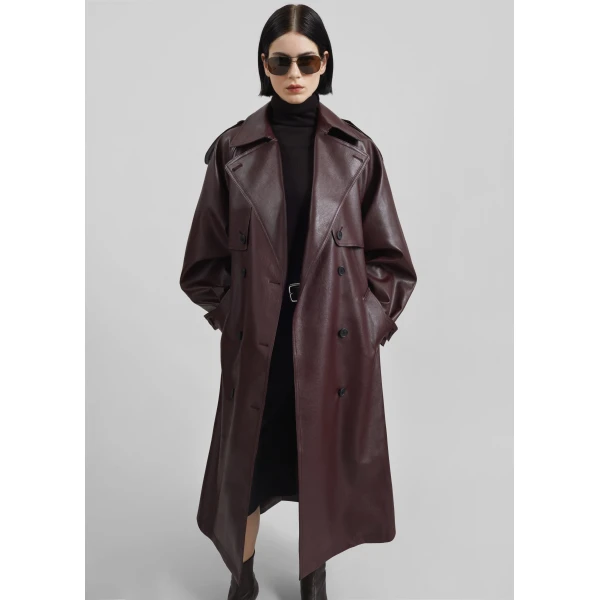 The Frankie Shop Vandve Faux Leather Trench – Burgundy Coat, view 2