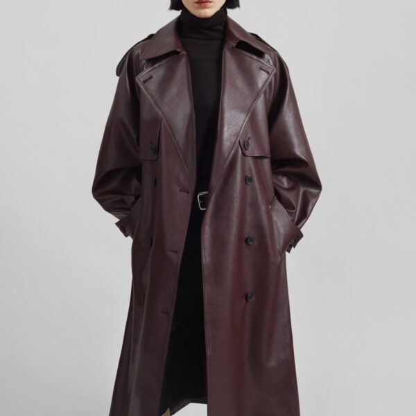 The Frankie Shop Vandve Faux Leather Trench - Burgundy - Oversized Minimalist Coats in Red - Shop at Coveti