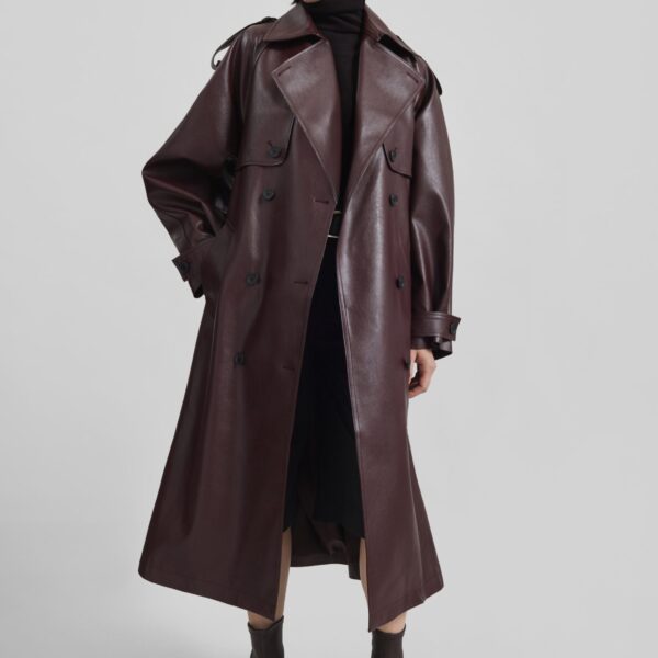 The Frankie Shop Vandve Faux Leather Trench - Burgundy - Oversized Minimalist Coats in Red - Shop at Coveti
