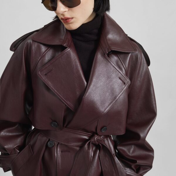 The Frankie Shop Vandve Faux Leather Trench - Burgundy - Oversized Minimalist Coats in Red - Shop at Coveti